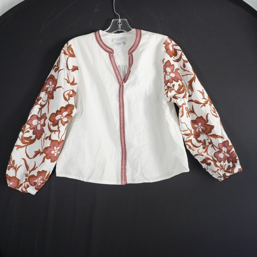 Calypso Floral Embroidered Cotton Flax Peasant Blouse Top White Boho Festival SM